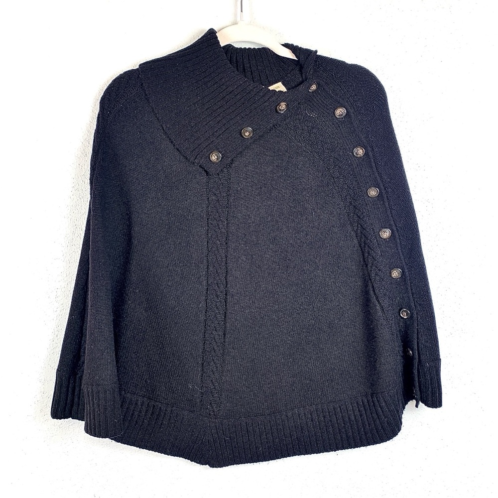 Orvis Wool & Cashmere Black Knit Buttoned Poncho No Arm Holes, One Size Fits All